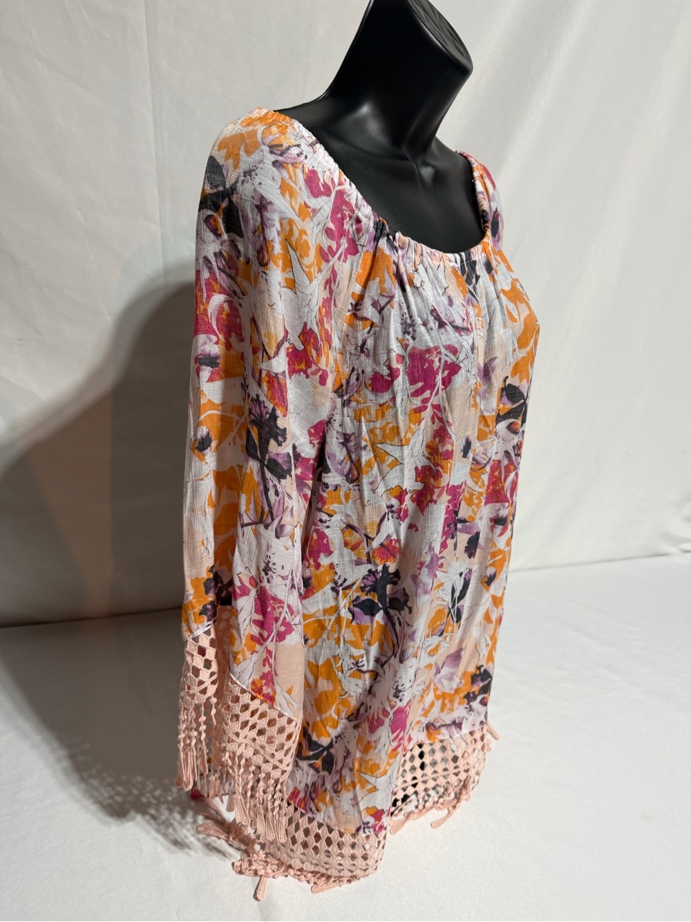 Cato Boho Floral Peasant Blouse Crochet Lace Hem Tassels Long Sleeve Tunic XL - Picture 8 of 16